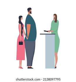 Cafe people flat composition with isolated characters of guests couple and female hostess at counter vector illustration