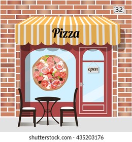 Cafe pizza. Fast food. Table and chairs at the fore, pizza sticker on window. Red brick facade. Vector illustration.