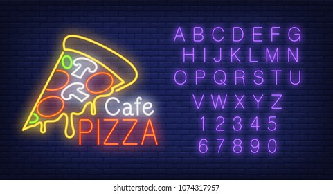 Cafe pizza lettering, piece of pizza, English alphabet and numbers neon signs set. Neon sign, night bright advertisement, colorful signboard, light banner. Vector illustration in neon style.