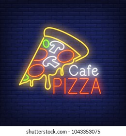 Cafe pizza neon sign. Pizza slice with melted cheese. Night bright advertisement. Vector illustration in neon style for fast food restaurant and hunger