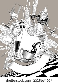 Design de cartão de café com desenho gravado de copos com vinho espirrado e coquetel, xícara de café e faixa de fita clássica em explosão de chama brilhante. Ilustração vetorial