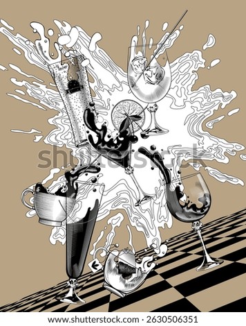 Cafe placard design with engraved drawing of glasses with splashed wine and cocktail, coffee and tea cup in bright flame explosion. Vector illustration in vintage black and white engraving style