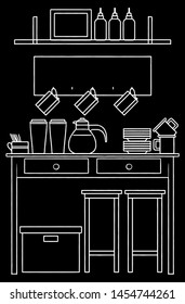 Cafe place with a kettle, cups and plates. Black and white line art. Flat illustration