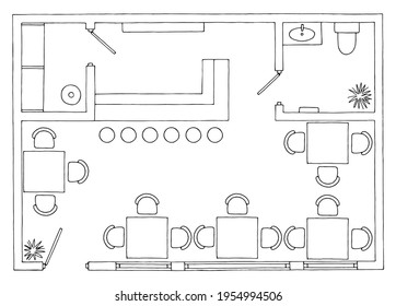 Cafe plan architecture floor interior furniture graphic black white sketch illustration vector