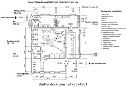 Cafe plan in top view. Floor plan of small restaurant. Arrangement of furniture in the catering interior. Bar design project. Vector 