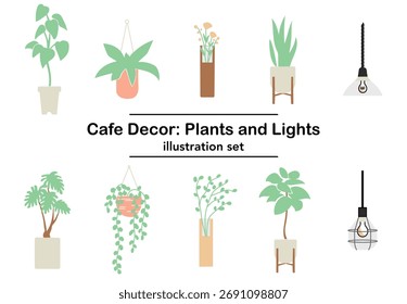 Conjunto de ilustración de plantas y luces de cafetería con varias plantas en macetas interiores y lámparas colgantes en un estilo minimalista y natural, ideal para proyectos de diseño de interiores modernos.