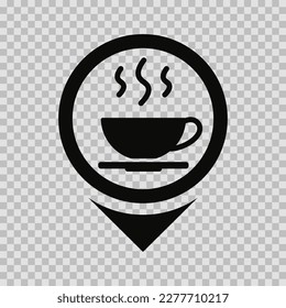 Cafe point on the map, silhouette symbol, vector cut glyph, roadside restaurant on the map, sign on transparent background.