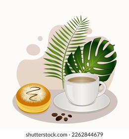 Cafe poster with a cup of coffee, a berliner and tropical plants. Vector illustration.