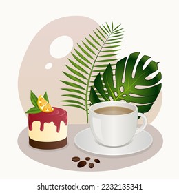 Cafe Poster mit einer Tasse Kaffee, Käsekuchen und tropischen Pflanzen. Vektorgrafik.