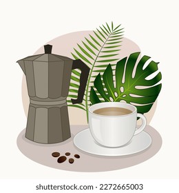 Cafe poster with a cup of coffee, a coffee pot and tropical plants. Vector illustration.