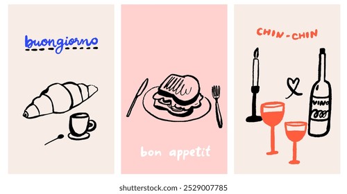 Cafe posters set, breakfast croissant with coffee cup, toasted bread for lunch, romantic dinner with wine glasses and candles. Modern trendy doodle drawing prints.