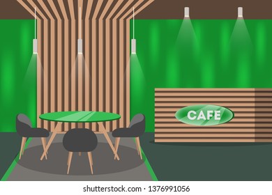 Cafe, pub or bar interior. Empty table and the counter. Restaurant indoors. Modern furniture inside. Flat vector illustration
