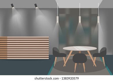 Cafe, pub or bar interior. Empty table and the counter. Restaurant indoors. Modern furniture inside. Flat vector illustration