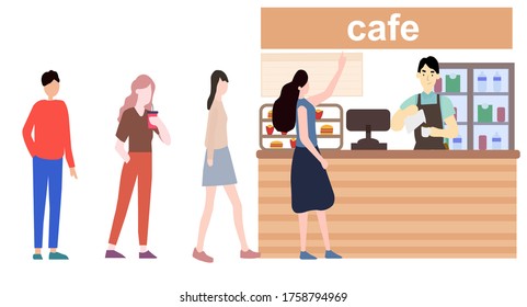 Cafe Queue, Social Distance, Vector Graphics