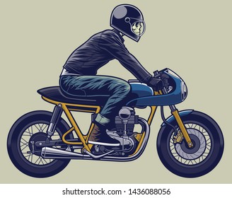 Cafe Racer Bike Vector / Cafe Racer motorcycle with biker illustration for logo or design elements. Helmet in seperated layer.