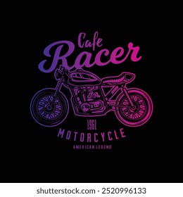 Cafe racer custom motorcycle. Original vector illustration in vintage style isolated on black background. T-shirt design. Hand drawn, not by AI!