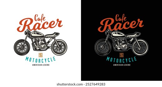 Cafe racer custom motorcycle. Original vector illustration in vintage style. T-shirt design. Hand drawn, not AI