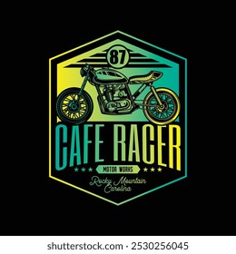 Cafe racer custom motorcycle. Original vector illustration in vintage style isolated on black background. T-shirt design. Hand drawn, not AI