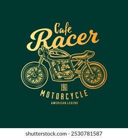 Cafe racer custom motorcycle. Original vector illustration in vintage style isolated on green background. T-shirt design. Hand drawn, not AI