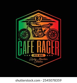 Motocicleta personalizada Cafe racer. Ilustração vetorial original em estilo vintage isolado no fundo preto. Design de camiseta. Desenhado à mão, não com IA