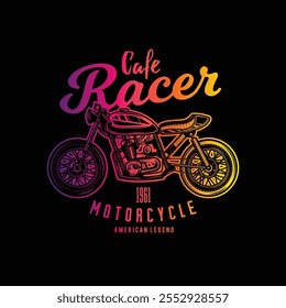 Cafe racer custom motorcycle. Original vector illustration in vintage style isolated on black background. T-shirt design. Hand drawn, not AI