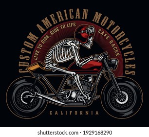 Cafe racer custom motorcycle vintage label with skeleton in motorcyclist helmet and goggles riding motorbike isolated vector illustration