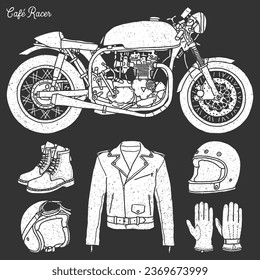 Cafe racer element set. Vintage hand drawn style.