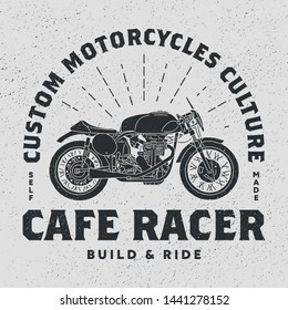 Cafe racer hand draw vector art. Motorcycle, vintage, flat design, light rays, lettering, illustration.