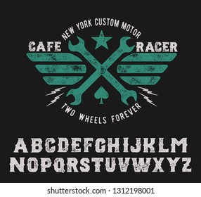 Cafe Racer. Handmade serif font. Vintage typeface. Custom motor. Handmade logo and font. Retro American stile.