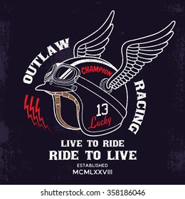 Cafe racer helmet with wings and slogan Live to ride,ride to live. Typography design for biker club,custom shop,t-shirts,prints.