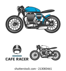 Cafe racer motorcycle with helmet.