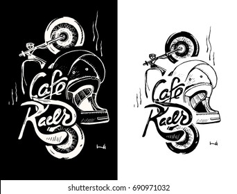 Cafe racer print t-shirt emblem. Motorcycle, helmet, text lettering