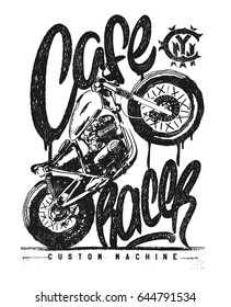 Cafe racer Vintage Motorcycle hand drawn t-shirt print.