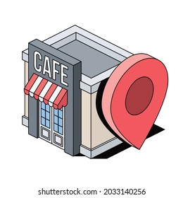 Cafe, red pin label on the map. Vector 3d sketch line isometric, color icon illustration, flat style. Creative design idea and elements for infographics and website.