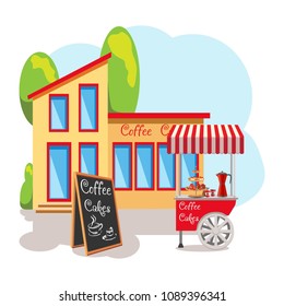 Cafe with a red visor and a roof in the background of a landscape with trees and bushes. A trolley with coffee, cakes and a menu board. Mobile shop with food .. Flat. Vector illustration. .
