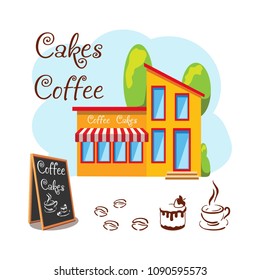 Cafe with a red visor and a roof in the background of a landscape with trees and bushes. Icons of coffee in a cup with grains and a cake. Menu board. Flat. Vector illustration. .
