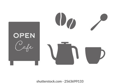 Cafe related icon set: coffee   tea time design material vector monochrome