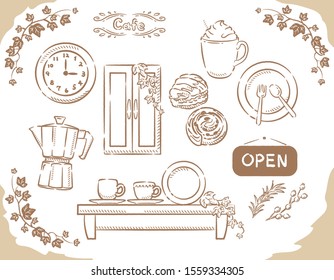 Cafe and related items. Isolated on white. Vector illustration.