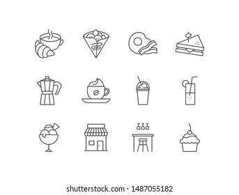 Cafe related line icons set with coffee, croissant, roasted eggs, sandwich, moka pot, milkshake, juice, ice-cream, cupcake. 