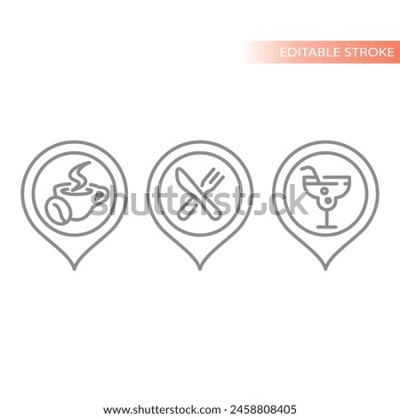 Cafe, restaurant and bar vector icon set. Coffee shop, food and drink location map pin icons.