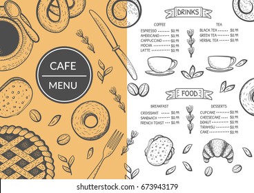 Cafe, restaurant brochure vector, bakery and coffee shop menu design. Vector cafe template with hand-drawn graphic