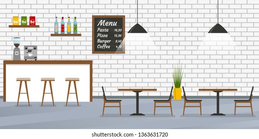 Cafe, restaurant or cafeteria interior design with bar counter, tables and chairs. Bar inside with brick wall and menu board. Vector illustration.