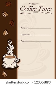 Cafe or restaurant card for coffee menu. Cup of hot coffee and coffee beans. Vector eps10 illustration. Raster file included in portfolio