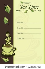 Cafe or restaurant card for tea menu. Cup of hot tea and leaves. Vector eps10 illustration. Raster file included in portfolio