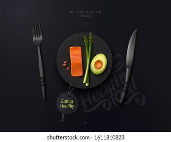 Cafe restaurant composition. Mock up plates of fork and knife. Tasty and healthy food on a plate. Avocado, salmon, asparagus, nuts. Vector illustration of a top view.