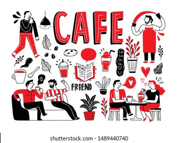 
Cafe and restaurant crowd and activities in friendly and cute doodle illustration. Cafe doodle series.