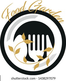 Cafe or restaurant emblem. Plate with fork, spoon and plant. Food garden.