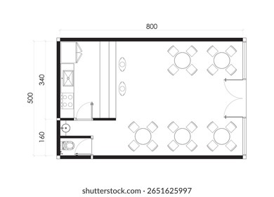 Plano de piso de café e restaurante com área de jantar e cozinha - Top View Layout. 4.
