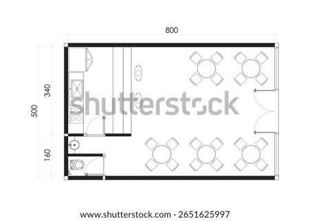 Cafe and Restaurant Floor Plan with Dining Area and Kitchen - Top View Layout. 4