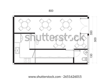 Cafe and Restaurant Floor Plan with Dining Area and Kitchen - Top View Layout. 8